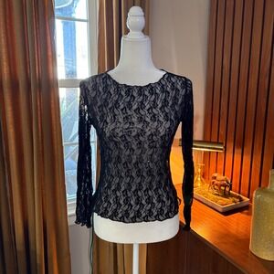 Khaki Krew Womens Black Glitter Floral Lace Long Sleeve Sheer Top Blouse